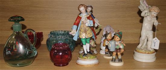 A pair of Continental porcelain costume figures, Gallant and Companion and five other figures
